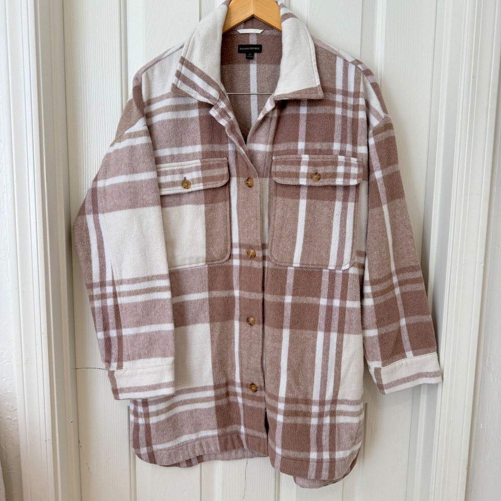 Banana Republic Tan Cream Plaid Oversized Flannel Shirt Jacket Shacket Mens M - Picture 2 of 11